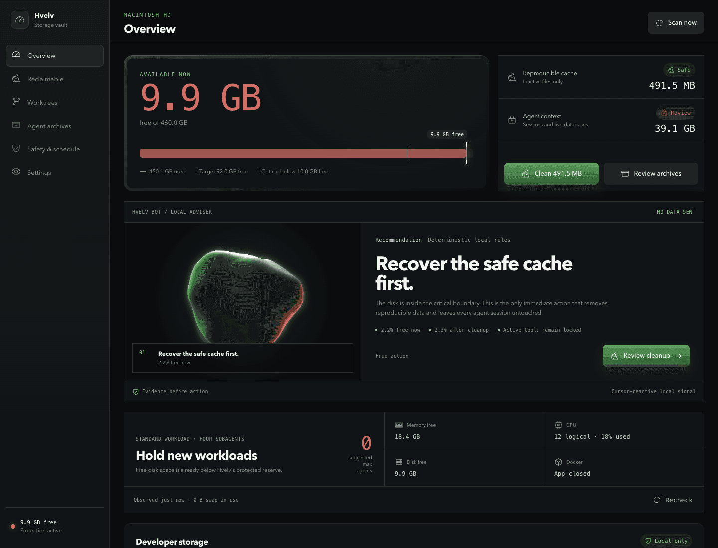 Hvelv desktop app showing the animated local adviser, agent runway, and protected developer storage